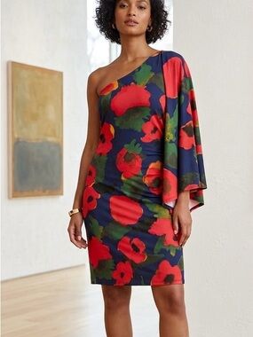 Colleen Lopez Navy One-Shoulder Red Floral Sheath Dress